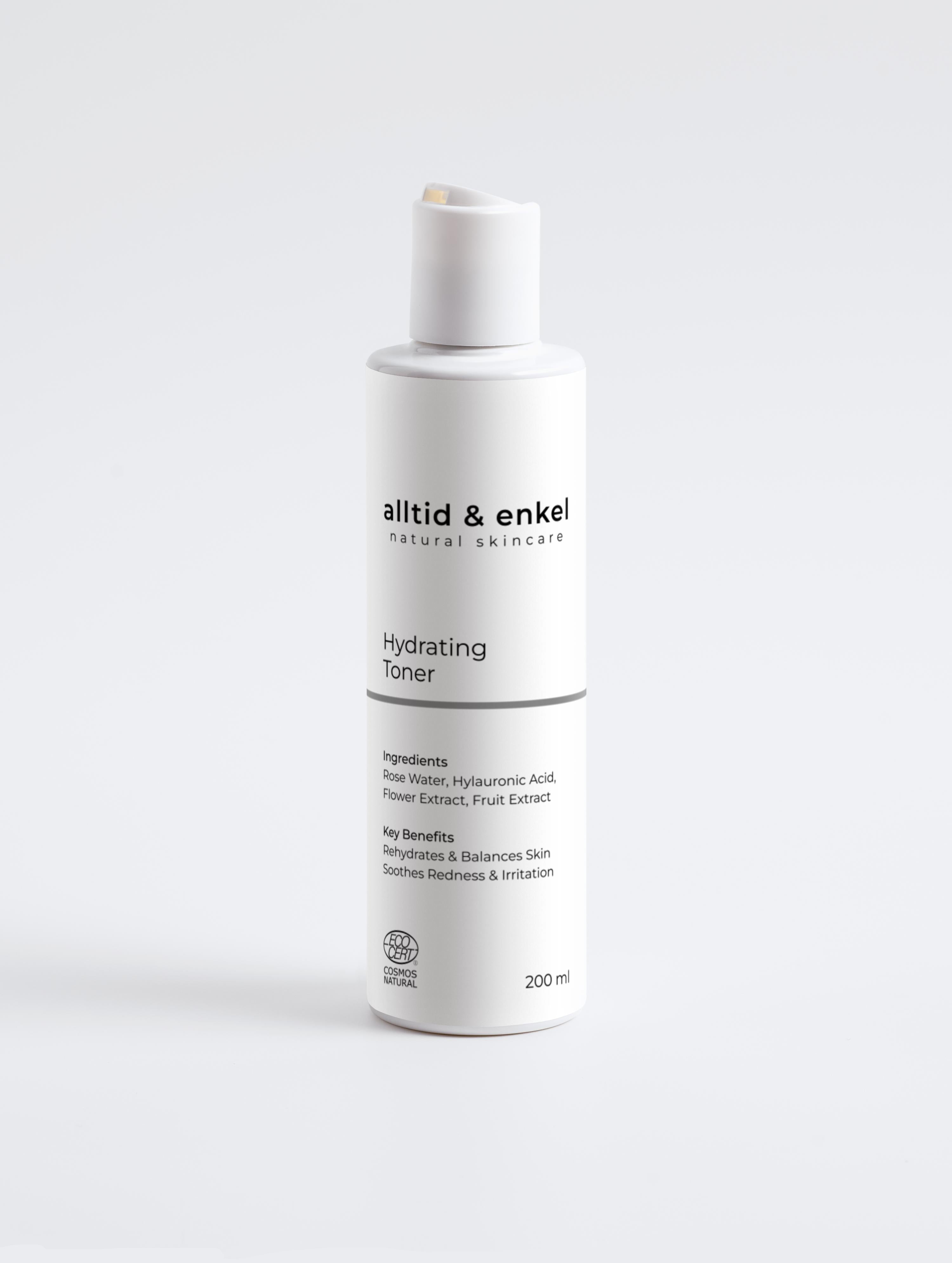 Hydrating toner in a sleek white bottle on a white background, 200 ml.